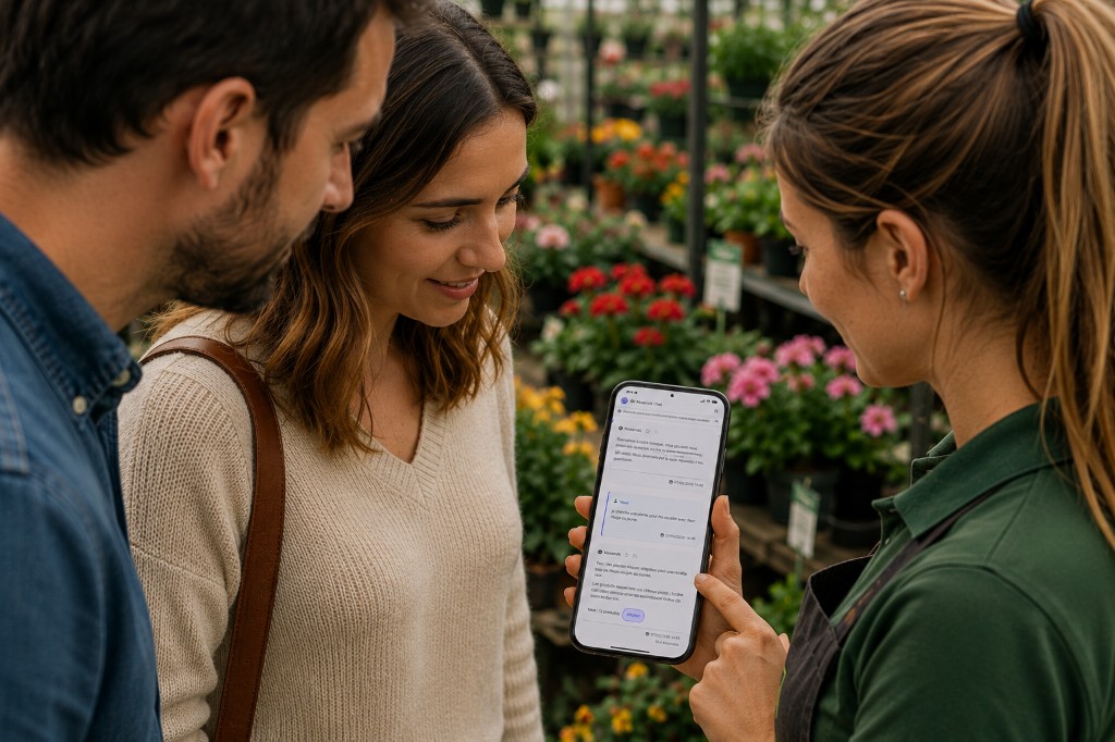 Préposée montrant KioServAI sur mobile à des clients en jardinerie.