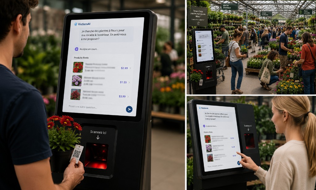 Montage : kiosque KioServAI en jardinerie, client qui scanne une étiquette, interface conversationnelle et produits filtrés — texte d'interface en français.