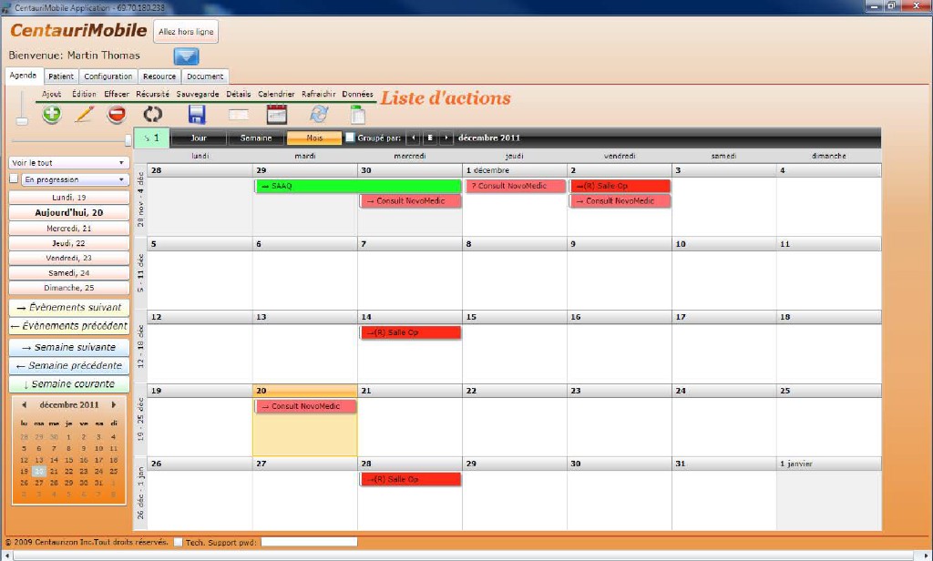Capture d’écran CentauriMobile : vue calendrier mensuelle avec interventions planifiées, barre d’outils et navigation par ressource.