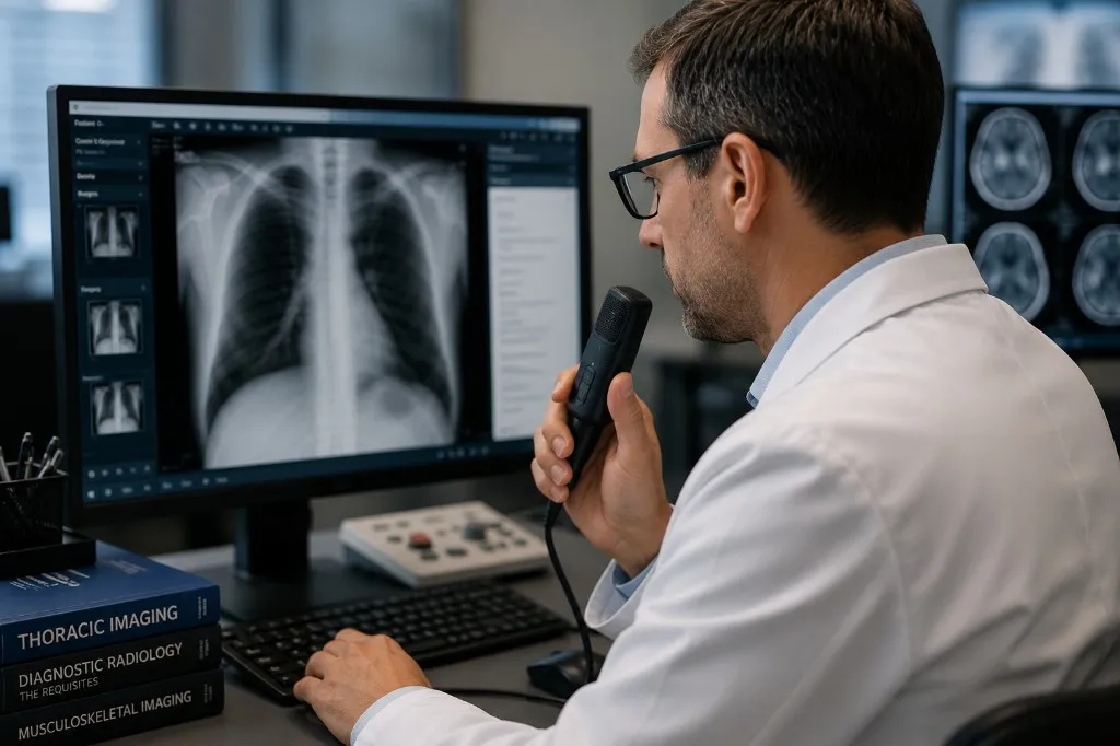 Poste d’interprétation d’imagerie médicale : professionnel devant un écran d’examen thoracique, micro de dictée et environnement de lecture radiologique.
