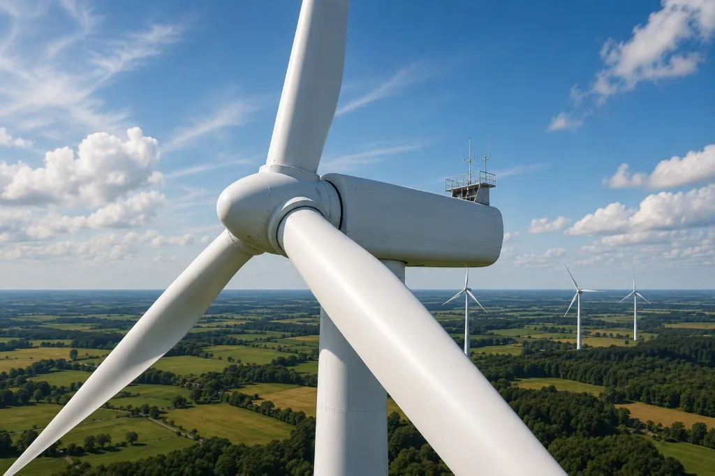 Éolienne avec pales blanches, nacelle et parc éolien en arrière-plan — énergie éolienne et fabrication de pales.