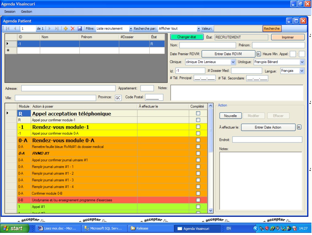 Capture Agenda Visaincuri : fiche patient, modules de suivi et planification des actions pour une étude clinique.